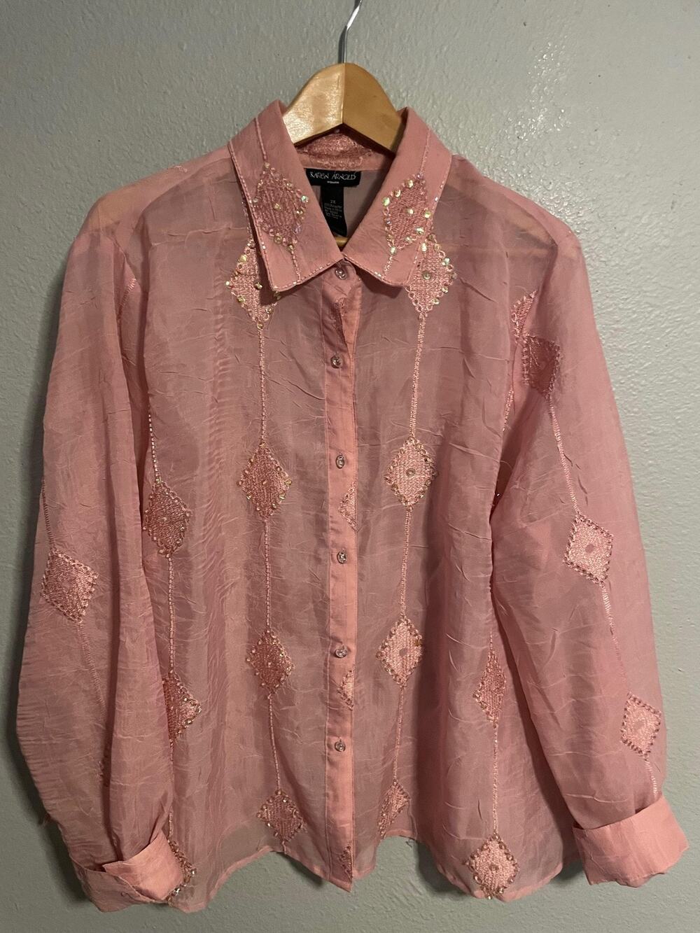 Karen Arnold Womens 2X Pink Sheer Beaded Embroidered Sequin Button Up Fairy Y2K